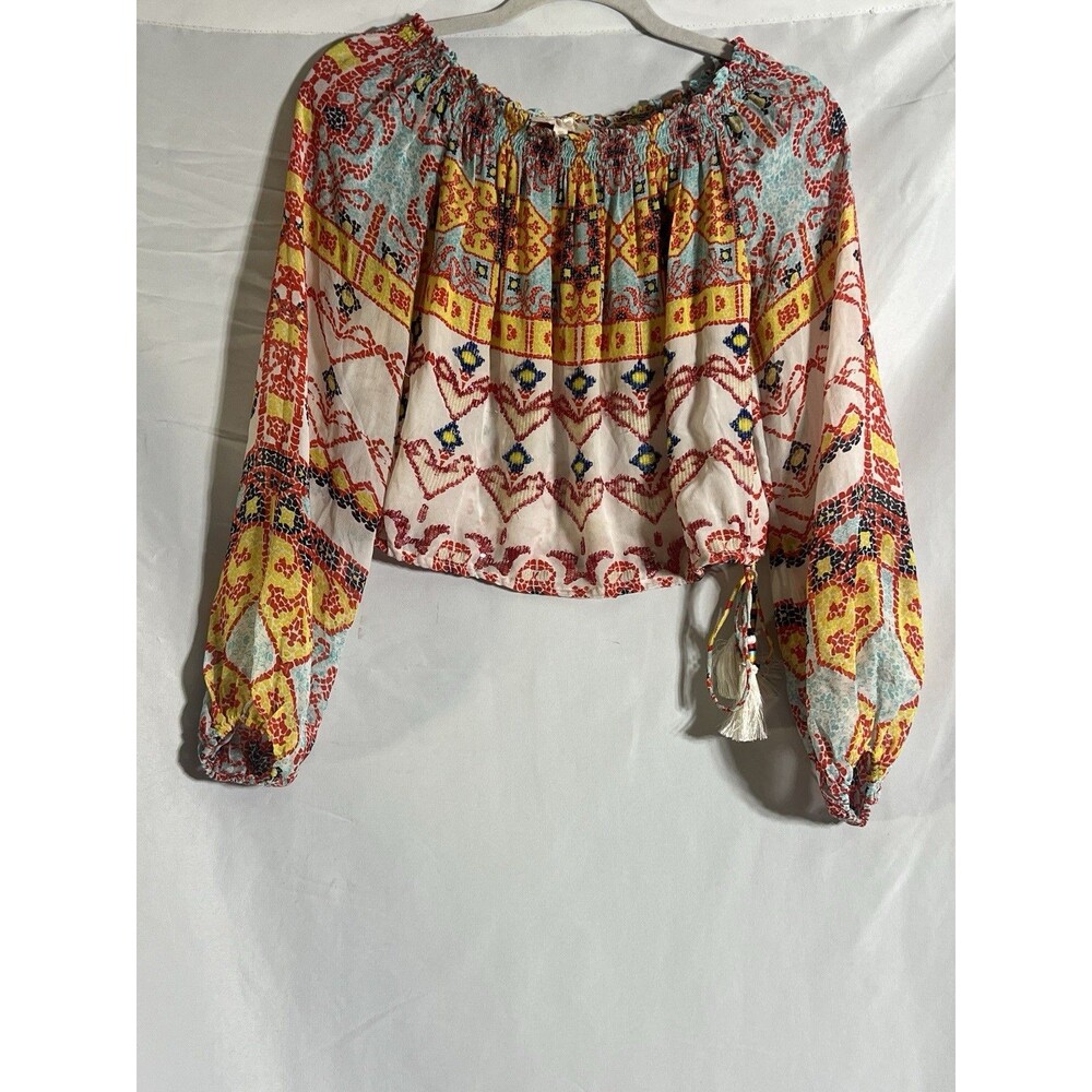 Rococo Sand Silk Sequined Embellished Off Shoulder Tasseled Top Boho Size XS